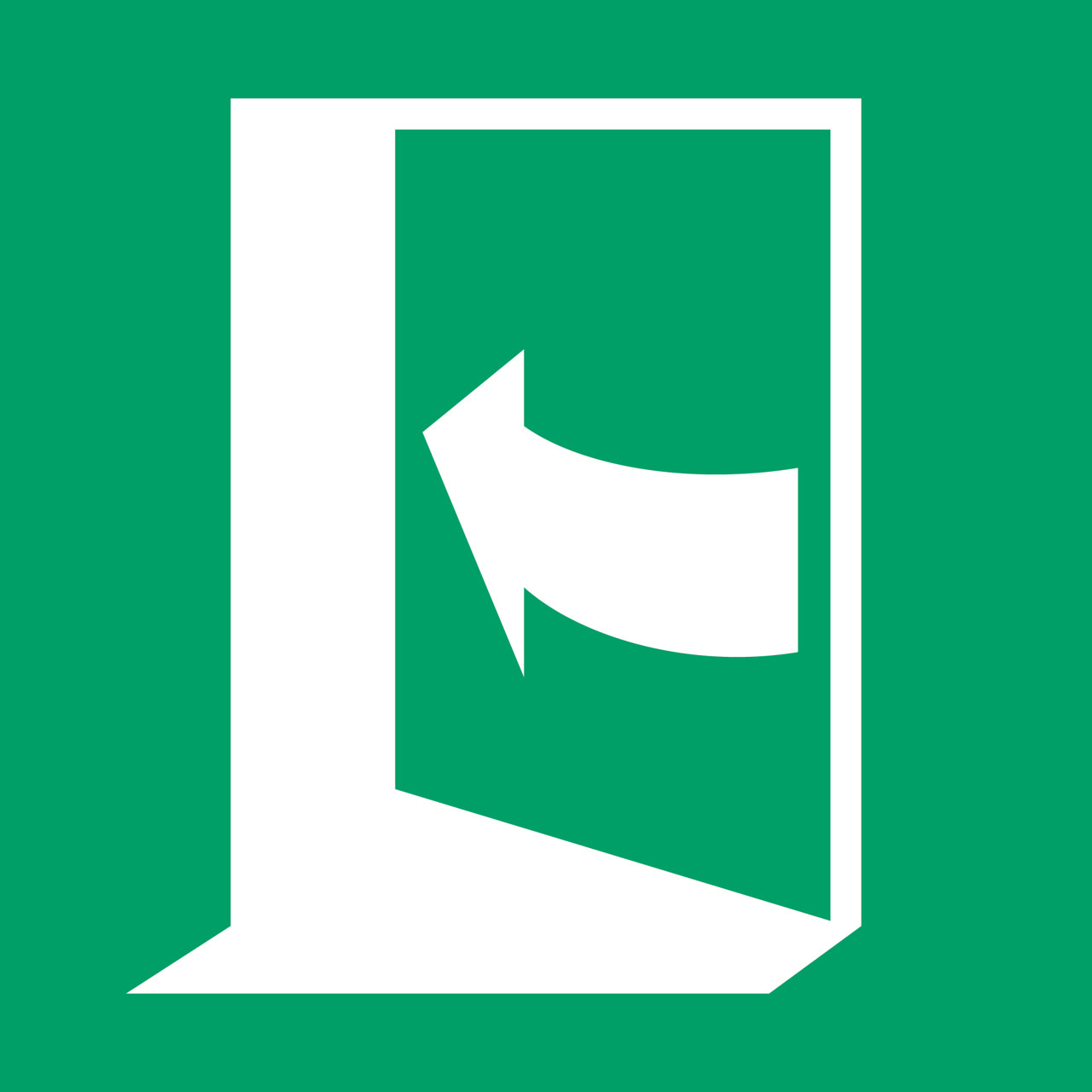 Säkerhetsskylt Dörren öppnas genom att trycka på vänstra sidan, 200 x 200 mm