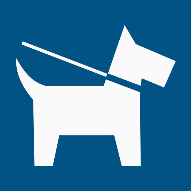 Hund i koppel-skylt, 150 x 150 mm