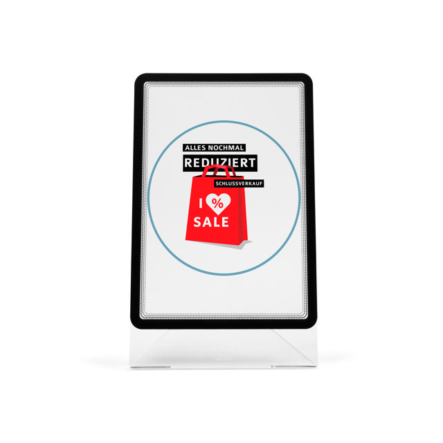 Bordsskylthållare i akryl med A4 Magneto ram displayficka, lutande L-form